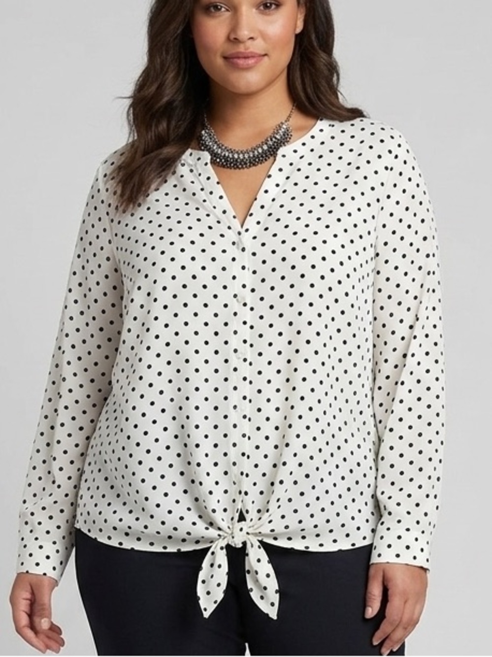TALBOTS Polka Dot Button Tie Front Long Sleeve Blouse XL